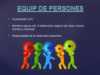 • Coordinador (x1)
• Monitors (aprox x4). A determinar segons els nens i nenes
inscrits a l’activitat.
• Responsable de la instal·lació esportiva.
 
