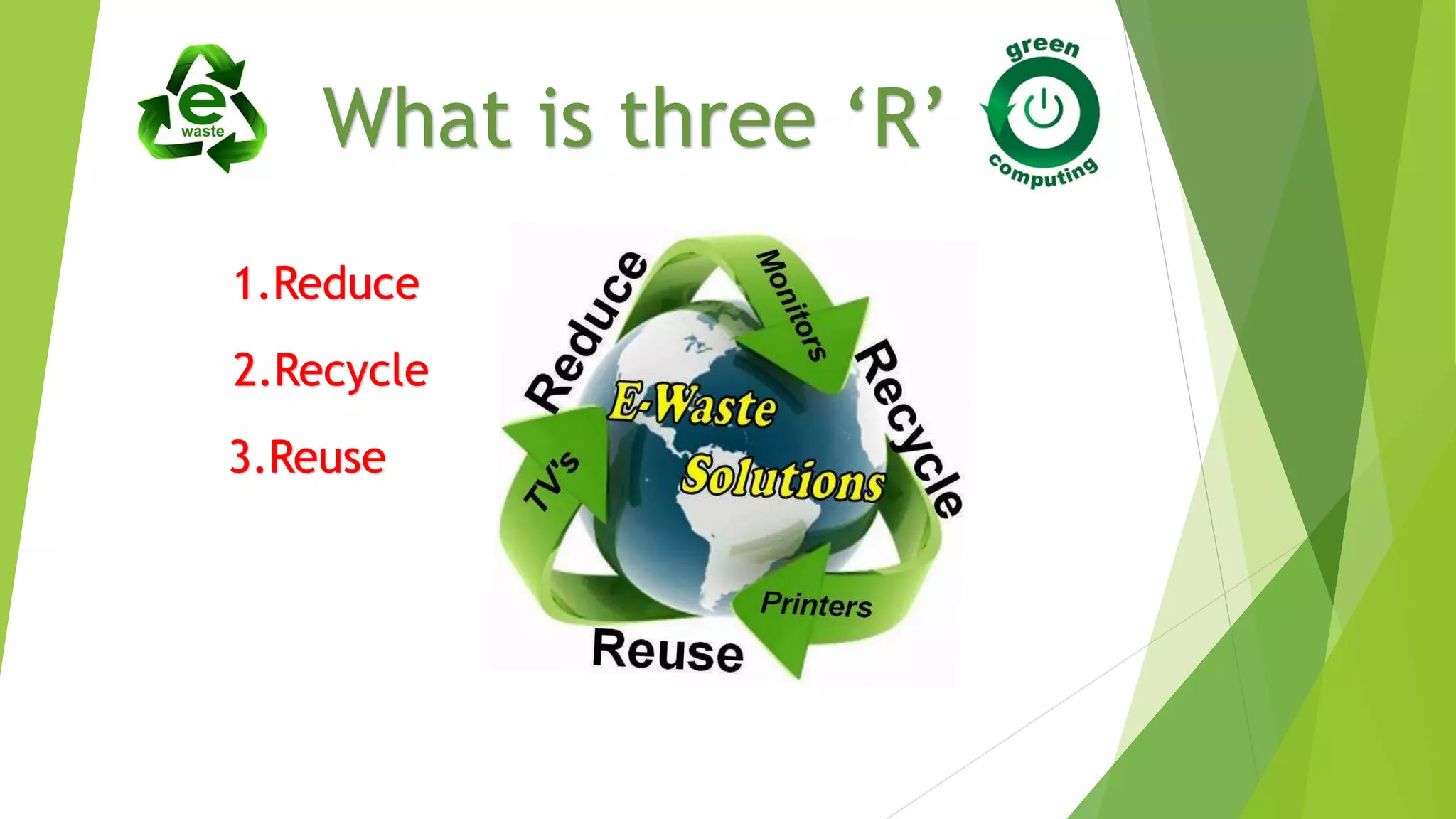 What is three ‘R’
1.Reduce
2.Recycle
3.Reuse
 