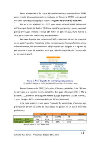Quant a l'organització del centre, és important destacar que durant l'any 2014 i
com a resultat d'una auditoria externa realitzada per l'empresa AENOR, tenim previst
que se'ns concedisqui el segell que acredita una gestió de qualitat ISO 9001:2008.
       Fou en el curs acadèmic 2011-2012 quan vàrem iniciar el procés d'elaboració
del Sistema de Gestió de Qualitat (SGQ) que guiarà la nostra acció, i que es regeix pel
principi d'avaluació i millora contínua. Són moltes les persones que, d'una manera o
altra, estan implicades en el disseny d'aquest sistema.
       Les àrees de gestió que conformen el SGQ es descriuen a través de processos
en els quals s'especifica: l'objecte de gestió, els responsables i les seves funcions, el seu
desenvolupament, i les característiques de qualitat que se li assignen. A la figura 6 es
pot observar el mapa de processos, en el qual s'identifica amb claredat l'organització
de les àrees de gestió.




                Figura 6: Àrees de gestió del centre (mapa de processos)
          2.3. Anàlisi i valoració de les dades i dels resultats dels darrers anys

       Durant el curs escolar 2012-13 el nombre d'alumnes matriculats és de 130, que
no correspon a la capacitat màxima del centre, dels quals 126 cursen ESO i 4 TAV a
l´aula UECCO, distribuïts de la següent manera: 3 grups de primer d'ESO (68 alumnes),
2 grups de segon d'ESO (58 alumnes),) i 1 grup de TVA (4 alumnes).
       A la taula següent es pot veure l'evolució del percentatge d'alumnes que
promocionen (Al ser un centre de nova creació no podem fer un estudi amb més
profunditat):
                              1r ESO                          2n ESO                 UECCO
                      CENTRE         IB             CENTRE              IB
CURS 2011 - 2012         63%        62%             ----------      ----------       ----------
CURS 2012 – 2013*        66%        65%               59%             61%            ----------
         *Resultats de la 1era Avaluació




Salvador Ruiz Borras – Projecte de direcció IES Sa Serra
                                                                                         11
 