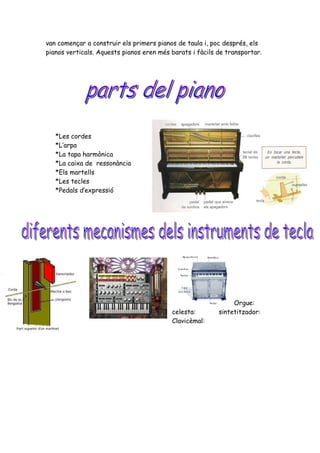 van començar a construir els primers pianos de taula i, poc després, els
pianos verticals. Aquests pianos eren més barats i fàcils de transportar.




   *Les cordes
   *L’arpa
   *La tapa harmònica
   *La caixa de ressonància
   *Els martells
   *Les tecles
   *Pedals d’expressió




                                                               Orgue:
                                          celesta:        sintetitzador:
                                          Clavicèmal:
 