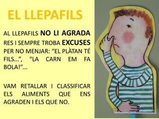 EL LLEPAFILS
AL LLEPAFILS NO LI AGRADA
RES I SEMPRE TROBA EXCUSES
PER NO MENJAR: “EL PLÀTAN TÉ
FILS...”, “LA CARN EM FA
BOLA!”...
VAM RETALLAR I CLASSIFICAR
ELS ALIMENTS QUE ENS
AGRADEN I ELS QUE NO.
 