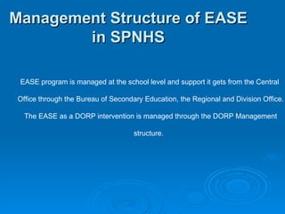 Management Structure of EASE in SPNHS EASE program is managed at the school level and support it gets from the Central Office through the Bureau of Secondary Education, the Regional and Division Office. The EASE as a DORP intervention is managed through the DORP Management structure.  