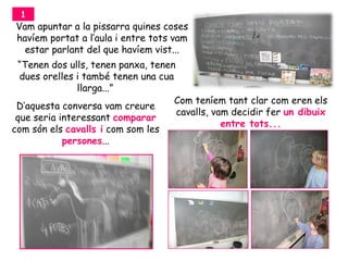 1
Vam apuntar a la pissarra quines coses
havíem portat a l’aula i entre tots vam
  estar parlant del que havíem vist...
 “Tenen dos ulls, tenen panxa, tenen
  dues orelles i també tenen una cua
               llarga...”
                                     Com teníem tant clar com eren els
 D’aquesta conversa vam creure
                                     cavalls, vam decidir fer un dibuix
 que seria interessant comparar
                                                entre tots...
com són els cavalls i com som les
            persones...
 