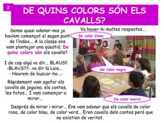 DE QUINS COLORS SÓN ELS
 2


                CAVALLS?
  Sense quasi adonar-nos ja          Va haver-hi moltes respostes...
havíem començat el segon punt       De color blanc
  de l’índex... A la classe ens
vam plantejar una qüestió; De
 quins colors són els cavalls?

I de cop algú va dir... BLAUS!!
 -BLAUS??- va dir la Laia...                    De color negre
  - Haurem de buscar-ho...-
 Ràpidament vam agafar els
cavalls de joguina, els contes,
les fotos... I vam començar a
            mirar...                                   De color marró

   Després de mirar i mirar... Ens vam adonar que els cavalls de color
  rosa, de color blau, de color verd... Eren cavalls dels contes però que
                          no existien de veritat.
 