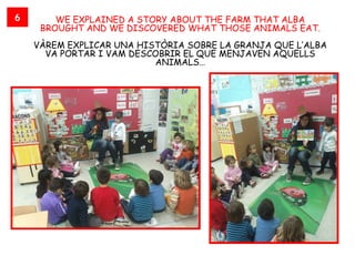 6       WE EXPLAINED A STORY ABOUT THE FARM THAT ALBA
     BROUGHT AND WE DISCOVERED WHAT THOSE ANIMALS EAT.
    VÀREM EXPLICAR UNA HISTÒRIA SOBRE LA GRANJA QUE L’ALBA
      VA PORTAR I VAM DESCOBRIR EL QUE MENJAVEN AQUELLS
                          ANIMALS…
 