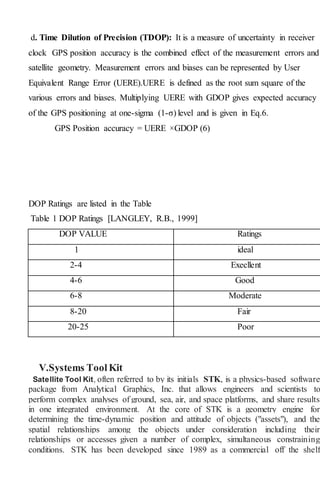 d. Time Dilution of Precision (TDOP): It is a measure of uncertainty in receiver
clock GPS position accuracy is the combined effect of the measurement errors and
satellite geometry. Measurement errors and biases can be represented by User
Equivalent Range Error (UERE).UERE is defined as the root sum square of the
various errors and biases. Multiplying UERE with GDOP gives expected accuracy
of the GPS positioning at one-sigma (1-σ) level and is given in Eq.6.
GPS Position accuracy = UERE ×GDOP (6)
DOP Ratings are listed in the Table
Table 1 DOP Ratings [LANGLEY, R.B., 1999]
DOP VALUE Ratings
1 ideal
2-4 Execllent
4-6 Good
6-8 Moderate
8-20 Fair
20-25 Poor
V.Systems ToolKit
Satellite Tool Kit, often referred to by its initials STK, is a physics-based software
package from Analytical Graphics, Inc. that allows engineers and scientists to
perform complex analyses of ground, sea, air, and space platforms, and share results
in one integrated environment. At the core of STK is a geometry engine for
determining the time-dynamic position and attitude of objects ("assets"), and the
spatial relationships among the objects under consideration including their
relationships or accesses given a number of complex, simultaneous constraining
conditions. STK has been developed since 1989 as a commercial off the shelf
 