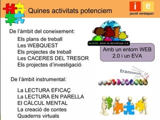 Quines activitats potenciem
Els plans de treball
Les WEBQUEST
Els projectes de treball
Les CACERES DEL TRESOR
Els projectes d’investigació
La LECTURA EFICAÇ
La LECTURA EN PARELLA
El CÀLCUL MENTAL
La creació de contes
Quaderns virtuals
De l’àmbit del coneixement:
De l’àmbit instrumental:
Amb un entorn WEB
2.0 i un EVA
 