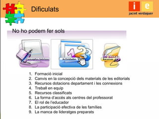 1. Formació inicial
2. Canvis en la concepció dels materials de les editorials
3. Recursos dotacions departament i les connexions
4. Treball en equip
5. Recursos classificats
6. La forma d’accés als centres del professorat
7. El rol de l’educador
8. La participació efectiva de les famílies
9. La manca de lideratges preparats
No ho podem fer sols
Dificulats
 