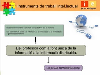 Instruments de treball intel.lectual
No són instruments tal i com hem conegut altres fins el moment.
Ens permeten un accés a la informació, a la comparació i a la compartició:
a generar coneixement.
Del professor com a font única de la
informació a la informació distribuida.
LES GRANS TRANSFORMACIONS
 