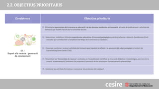 PRESENTACIÓ
2.2. OBJECTIUS PRIORITARIS
Ecosistema Objectius prioritaris
E1 /
Suport a la recerca i generació
de coneixement
1.1. Difondre les aportacions de la recerca en educació i de les darreres tendències en innovació, a través de publicacions i activitats de
formació que facilitin l’accés de la comunitat docent.
1.2. Seleccionar, visibilitzar i difondre experiències educatives d’innovació pedagògica, pràctica reflexiva i obtenció d’evidències d’èxit
educatiu que contribueixin a l’ampliació del Mapa de la innovació a Catalunya.
1.3. Dissenyar, gestionar i avaluar activitats de formació que impulsin la reflexió i la generació de saber pedagògic al voltant de
l’aprenentatge amb sentit (TAS).
1.4. Dinamitzar les “Comunitats de recerca”, centrades en l’actualització científica, la innovació didàctica i metodològica, així com en la
creació, implementació i avaluació de projectes d’innovació de les pràctiques d’ensenyament-aprenentatge.
1.5. Gestionar les activitats formatives i comunicar els productes del catàleg 1.
 