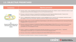 PRESENTACIÓ
2.2. OBJECTIUS PRIORITARIS
Ecosistema Objectius prioritaris
E3 /
Creació d’oportunitats per la
innovació com a cultura de
centre
3.1. Dissenyar, pilotar i avaluar experiències de formació i formació interna de centre (FIC), dirigides a equips de referents de centre, les quals
promoguin processos d’innovació pedagògica en el marc de l’autonomia dels centres.
3.2. Dissenyar i implementar eines per a l’avaluació de la transferència per part de l’equip de referents de centre i l’impacte de les
experiències formatives, en relació amb els canvis en les pràctiques educatives del centre.
3.3. Oferir un catàleg dinàmic d’experiències formatives i recursos pedagògics (kits de materials; eines conceptuals; materials de suport)
d’ús singular en funció de les necessitats i objectius prioritaris de cadascun dels centres educatius.
3.4. Dissenyar, pilotar i avaluar el projecte “Experiència d’aprenentatge en centre (EAC): per a la construcció d’un Eix Transversal d’Innovació
Pedagògica (ETIP)” fonamentat en el TAS.
3.5. Dissenyar i implementar eines per a l’avaluació de l’Experiència d’Aprenentatge en Centre (EAC): per a la creació d’un Eix Transversal
d’Innovació Pedagògica (ETIP)”, en relació amb els canvis en les pràctiques d’ensenyament-aprenentatge i la seva consolidació i
sostenibilitat com a línia pedagògica de centre.
3.6. Publicar i visibilitzar les experiències d’èxit educatiu derivades del projecte de formació, innovació i recerca. “Experiència
d’Aprenentatge en Centre (EAC): per a la construcció d’un Eix d’Innovació pedagògica (ETIP)”.
3.7. Dissenyar i desenvolupar un projecte de col.laboració amb l’Institut STEAM Angeleta Ferrer de Barcelona.
3.8. Gestionar les activitats formatives i comunicar els productes catàleg 3.
 