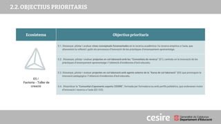 PRESENTACIÓ
2.2. OBJECTIUS PRIORITARIS
Ecosistema Objectius prioritaris
E5 /
Factoria - Taller de
creació
5.1. Dissenyar, pilotar i avaluar eines conceptuals fonamentades en la recerca acadèmica i la recerca empírica a l’aula, que
afavoreixin la reflexió i guiïn els processos d’innovació de les pràctiques d’ensenyament-aprenentatge.
5.2. Dissenyar, pilotar i avaluar projectes en col·laboració amb les “Comunitats de recerca” (E1), centrats en la innovació de les
pràctiques d’ensenyament-aprenentatge i l’obtenció d’evidències d’èxit educatiu.
5.3. Dissenyar, pilotar i avaluar projectes en col·laboració amb agents externs de la “Xarxa de col·laboració” (E4) que promoguin la
innovació pedagògica i l’obtenció d’evidències d’èxit educatiu.
5.4. Dinamitzar la “Comunitat d’aprenents experts CESIRE”, formada per formadors/es amb perfils polièdrics, que esdevenen motor
d’innovació i recerca a l’aula (E2 i E3).
 