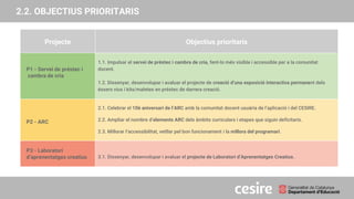 PRESENTACIÓ
2.2. OBJECTIUS PRIORITARIS
Projecte Objectius prioritaris
P1 - Servei de préstec i
cambra de cria
1.1. Impulsar el servei de préstec i cambra de cria, fent-lo més visible i accessible per a la comunitat
docent.
1.2. Dissenyar, desenvolupar i avaluar el projecte de creació d’una exposició interactiva permanent dels
éssers vius i kits/maletes en préstec de darrera creació.
P2 - ARC
2.1. Celebrar el 10è aniversari de l’ARC amb la comunitat docent usuària de l’aplicació i del CESIRE.
2.2. Ampliar el nombre d’elements ARC dels àmbits curriculars i etapes que siguin deficitaris.
2.3. Millorar l’accessibilitat, vetllar pel bon funcionament i la millora del programari.
P3 - Laboratori
d’aprenentatges creatius 3.1. Dissenyar, desenvolupar i avaluar el projecte de Laboratori d’Aprenentatges Creatius.
 