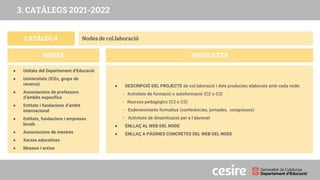 CATÀLEG 4
PRODUCTES
NODES
Nodes de col.laboració
● Unitats del Departament d’Educació
● Universitats (ICEs, grups de
recerca)
● Associacions de professors
d’àmbits específics
● Entitats i fundacions d’àmbit
internacional
● Entitats, fundacions i empreses
locals
● Associacions de mestres
● Xarxes educatives
● Museus i arxius
● DESCRIPCIÓ DEL PROJECTE de col.laboració i dels productes elaborats amb cada node:
- Activitats de formació o autoformació (C2 o C3)
- Reursos pedagògics (C2 o C3)
- Esdeveniments formatius (conferències, jornades, congressos)
- Activitats de dinamització per a l’alumnat
● ENLLAÇ AL WEB DEL NODE
● ENLLAÇ A PÀGINES CONCRETES DEL WEB DEL NODE
3. CATÀLEGS 2021-2022
 