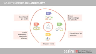 PRESENTACIÓ
4.1. ESTRUCTURA ORGANITZATIVA
E1
E2
E3
E4
Organització
que aprèn
Perfils
d’expertesa i
trajectòries
diverses
Entorn
d’aprenentatge
col.laboratiu
Optimització de
recursos
Projecte comú
 
