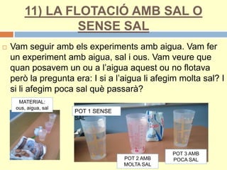11) LA FLOTACIÓ AMB SAL O
SENSE SAL
 Vam seguir amb els experiments amb aigua. Vam fer
un experiment amb aigua, sal i ous. Vam veure que
quan posavem un ou a l’aigua aquest ou no flotava
però la pregunta era: I si a l’aigua li afegim molta sal? I
si li afegim poca sal què passarà?
POT 1 SENSE
SAL
POT 2 AMB
MOLTA SAL
POT 3 AMB
POCA SAL
MATERIAL:
ous, aigua, sal
 