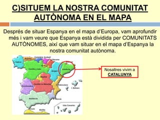C)SITUEM LA NOSTRA COMUNITAT
AUTÒNOMA EN EL MAPA
Després de situar Espanya en el mapa d’Europa, vam aprofundir
més i vam veure que Espanya està dividida per COMUNITATS
AUTÒNOMES, així que vam situar en el mapa d’Espanya la
nostra comunitat autònoma.
Nosaltres vivim a
CATALUNYA
 