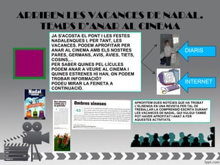 ARRIBEN LES VACANCES DE NADAL.
   TEMPS D’ANAR AL CINEMA
     JA S'ACOSTA EL PONT I LES FESTES
     NADALENQUES I, PER TANT, LES
     VACANCES. PODEM APROFITAR PER
     ANAR AL CINEMA AMB ELS NOSTRES                                  DIARIS
     PARES, GERMANS, AVIS, ÀVIES, TIETS,
     COSINS,...
     PER SABER QUINES PEL·LÍCULES
     PODEM ANAR A VEURE AL CINEMA I
     QUINES ESTRENES HI HAN, ON PODEM
     TROBAR INFORMACIÓ?
     PODEU MIRAR LA FEINETA A                                        INTERNET
     CONTINUACIÓ.


                                           APROFITEM DUES NOTÍCIES QUE HA TROBAT
                                           L’ELISENDA EN UNA REVISTA PER TAL DE
                                           TREBALLAR LA COMPRENSIÓ ESCRITA DURANT
                                           LES VACANCES DE NADAL. QUI VULGUI TAMBÉ
                                           POT HAVER APROFITAT I ANAT A FER
                                           AQUESTES ACTIVITATS.
 