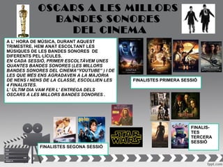 OSCARS A LES MILLORS
              BANDES SONORES
                DEL CINEMA
A L’ HORA DE MÚSICA, DURANT AQUEST
TRIMESTRE, HEM ANAT ESCOLTANT LES
MÚSIQUES DE LES BANDES SONORES DE
DIFERENTS PEL·LÍCULES.
EN CADA SESSIÓ, PRIMER ESCOLTÀVEM UNES
QUANTES BANDES SONORES (LES MILLORS
BANDES SONORES DEL CINEMA“YOUTUBE” ) I DE
LES QUE MÉS ENS AGRADAVEN A LA MAJORIA
DE NENS I NENS DE LA CLASSE, ESCOLLIEN LES   FINALISTES PRIMERA SESSIÓ
4 FINALISTES.
L’ ÚLTIM DIA VAM FER L’ ENTREGA DELS
OSCARS A LES MILLORS BANDES SONORES .




                                                                   FINALIS-
                                                                   TES
                                                                   TERCERA
                                                                   SESSIÓ
            FINALISTES SEGONA SESSIÓ
 