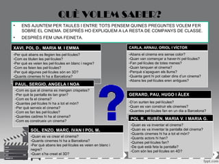 QUÈ VOLEM SABER?
•      ENS AJUNTEM PER TAULES I ENTRE TOTS PENSEM QUINES PREGUNTES VOLEM FER
       SOBRE EL CINEMA. DESPRÉS HO EXPLIQUEM A LA RESTA DE COMPANYS DE CLASSE.
•      DESPRÉS FEM UNA FEINETA.

XAVI, POL D., MARIA M. I EMMA                                    CARLA, ARNAU, ORIOL I VÍCTOR
-Per què abans es llegien les pel·lícules?                       -Abans el cinema era sense color?
-Com es titulen les pel·lícules?                                 -Quan van començar a haver-hi pel·lícules?
-Per què es veien les pel·lícules en blanc i negre?              -Fan pel·lícules de totes menes?
-Com es feien les pel·lícules?                                   -Quan tanquen el cinema?
-Per què algunes pel·lícules són en 3D?                          -Perquè s’apaguen els llums?
-Quants cinemes hi ha a Barcelona?                               -Quanta gent hi pot caber dins d’un cinema?
                                                                 -Abans les pel·lícules eren antigues?
    PAUL, SERGIO, ANGELA I NOA
    -Com es que al cinema es mengen crispetes?
    -Per què la pantalla és tan gran?                            GERARD, PAU, HUGO I ÀLEX
    -Com es fa el cinema?
    -Quantes pel·lícules hi ha a tot el món?                     -D’on surten les pel·lícules?
    -Per què serveix el cinema?                                  -Quan es van construir els cinemes?
    -Com es fan les pel·lícules?                                 -Quantes pel·lícules fan en un dia a Barcelona?
    -Quantes cadires hi ha al cinema?
    -Com es construeix un cinema?                                 POL R., RUBÉN, MARIA V. I MARIA G.
                                                                  -Quan es va inventar el cinema?
            SOL, ENZO, MARC, IVAN I POL M.                        -Quan es va inventar la pantalla del cinema?
                                                                  -Quants cinemes hi ha a tot el món?
            -Quan es va crear el cinema?                          -Quants actors hi han?
            -Quants cinemes hi ha a Barcelona?                    -Quines pel·lícules fan?
            -Per què abans les pel·lícules es veien en blanc i    -De què està feta la pantalla?
            negre?                                                -Com són les pel·lícules en 4D?
            -Quan s’ha creat el 3D?
 