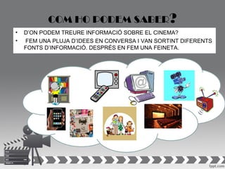 COM HO PODEM SABER?
•   D’ON PODEM TREURE INFORMACIÓ SOBRE EL CINEMA?
•   FEM UNA PLUJA D’IDEES EN CONVERSA I VAN SORTINT DIFERENTS
    FONTS D’INFORMACIÓ. DESPRÉS EN FEM UNA FEINETA.
 