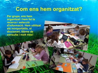 Com ens hem organitzat?
● Per grups, ens hem
organitzat i hem fet la
recerca i selecció
d'informació. Hem utilitzat
els miniportàtils, el
diccionari, llibres de
consulta i molt més!
 