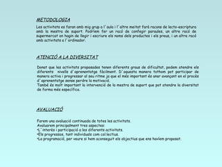 METODOLOGIA Les activitats es faran amb mig grup a l´aula i l´altre meitat farà racons de lecto-escriptura amb la mestra de suport. Podríem fer un racó de confegir paraules, un altre racó de supermercat on hagin de llegir i escriure els noms dels productes i els preus, i un altre racó amb activitats a l´ordinador. Donat que les activitats proposades tenen diferents graus de dificultat, podem atendre els diferents  nivells d´aprenentatge fàcilment. D´aquesta manera tothom pot participar de manera activa i progressar al seu ritme ja que el més important és anar avançant en el procès d´aprenentatge sense perdre la motivació. També és molt important la intervenció de la mestra de suport que pot atendre la diversitat de forma més específica. ATENCIÓ A LA DIVERSITAT AVALUACIÓ Farem una avaluació continuada de totes les activitats. Avaluarem principalment tres aspectes: L´interès i participació a les diferents activitats. Els progressos, tant individuals com col.lectius. La programació, per veure si hem aconseguit els objectius que ens havíem proposat. 