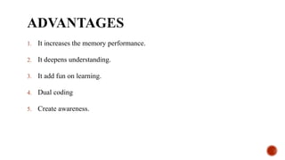 1. It increases the memory performance.
2. It deepens understanding.
3. It add fun on learning.
4. Dual coding
5. Create awareness.
 