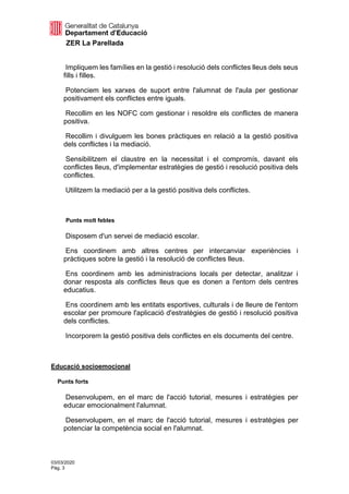 ZER La Parellada
03/03/2020
Pàg. 3
Impliquem les famílies en la gestió i resolució dels conflictes lleus dels seus
fills i filles.
Potenciem les xarxes de suport entre l'alumnat de l'aula per gestionar
positivament els conflictes entre iguals.
Recollim en les NOFC com gestionar i resoldre els conflictes de manera
positiva.
Recollim i divulguem les bones pràctiques en relació a la gestió positiva
dels conflictes i la mediació.
Sensibilitzem el claustre en la necessitat i el compromís, davant els
conflictes lleus, d'implementar estratègies de gestió i resolució positiva dels
conflictes.
Utilitzem la mediació per a la gestió positiva dels conflictes.
Punts molt febles
Disposem d'un servei de mediació escolar.
Ens coordinem amb altres centres per intercanviar experiències i
pràctiques sobre la gestió i la resolució de conflictes lleus.
Ens coordinem amb les administracions locals per detectar, analitzar i
donar resposta als conflictes lleus que es donen a l'entorn dels centres
educatius.
Ens coordinem amb les entitats esportives, culturals i de lleure de l'entorn
escolar per promoure l'aplicació d'estratègies de gestió i resolució positiva
dels conflictes.
Incorporem la gestió positiva dels conflictes en els documents del centre.
Educació socioemocional
Punts forts
Desenvolupem, en el marc de l'acció tutorial, mesures i estratègies per
educar emocionalment l'alumnat.
Desenvolupem, en el marc de l'acció tutorial, mesures i estratègies per
potenciar la competència social en l'alumnat.
 