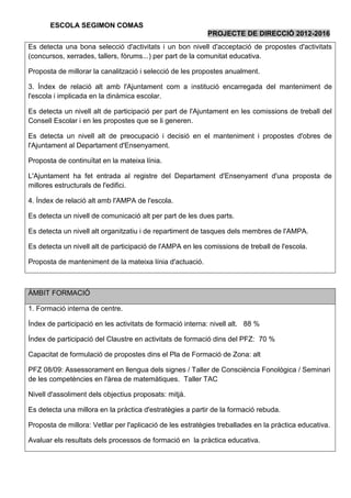 ESCOLA SEGIMON COMAS
                                                            PROJECTE DE DIRECCIÓ 2012-2016
Es detecta una bona selecció d'activitats i un bon nivell d'acceptació de propostes d'activitats
(concursos, xerrades, tallers, fòrums...) per part de la comunitat educativa.

Proposta de millorar la canalització i selecció de les propostes anualment.

3. Índex de relació alt amb l'Ajuntament com a institució encarregada del manteniment de
l'escola i implicada en la dinàmica escolar.

Es detecta un nivell alt de participació per part de l'Ajuntament en les comissions de treball del
Consell Escolar i en les propostes que se li generen.

Es detecta un nivell alt de preocupació i decisió en el manteniment i propostes d'obres de
l'Ajuntament al Departament d'Ensenyament.

Proposta de continuïtat en la mateixa línia.

L'Ajuntament ha fet entrada al registre del Departament d'Ensenyament d'una proposta de
millores estructurals de l'edifici.

4. Índex de relació alt amb l'AMPA de l'escola.

Es detecta un nivell de comunicació alt per part de les dues parts.

Es detecta un nivell alt organitzatiu i de repartiment de tasques dels membres de l'AMPA.

Es detecta un nivell alt de participació de l'AMPA en les comissions de treball de l'escola.

Proposta de manteniment de la mateixa línia d'actuació.



ÀMBIT FORMACIÓ

1. Formació interna de centre.

Índex de participació en les activitats de formació interna: nivell alt. 88 %

Índex de participació del Claustre en activitats de formació dins del PFZ: 70 %

Capacitat de formulació de propostes dins el Pla de Formació de Zona: alt

PFZ 08/09: Assessorament en llengua dels signes / Taller de Consciència Fonològica / Seminari
de les competències en l'àrea de matemàtiques. Taller TAC

Nivell d'assoliment dels objectius proposats: mitjà.

Es detecta una millora en la pràctica d'estratègies a partir de la formació rebuda.

Proposta de millora: Vetllar per l'aplicació de les estratègies treballades en la pràctica educativa.

Avaluar els resultats dels processos de formació en la pràctica educativa.
 