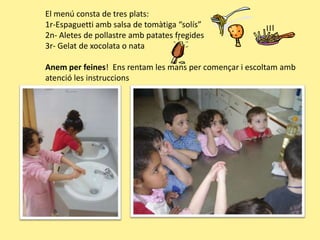 El menú consta de tres plats:1r-Espaguetti amb salsa de tomàtiga “solís”2n- Aletes de pollastre ambpatatesfregides3r- Gelat de xocolata o nataAnem per feines!  Ensrentam les mans per començar i escoltamambatenció les instruccions