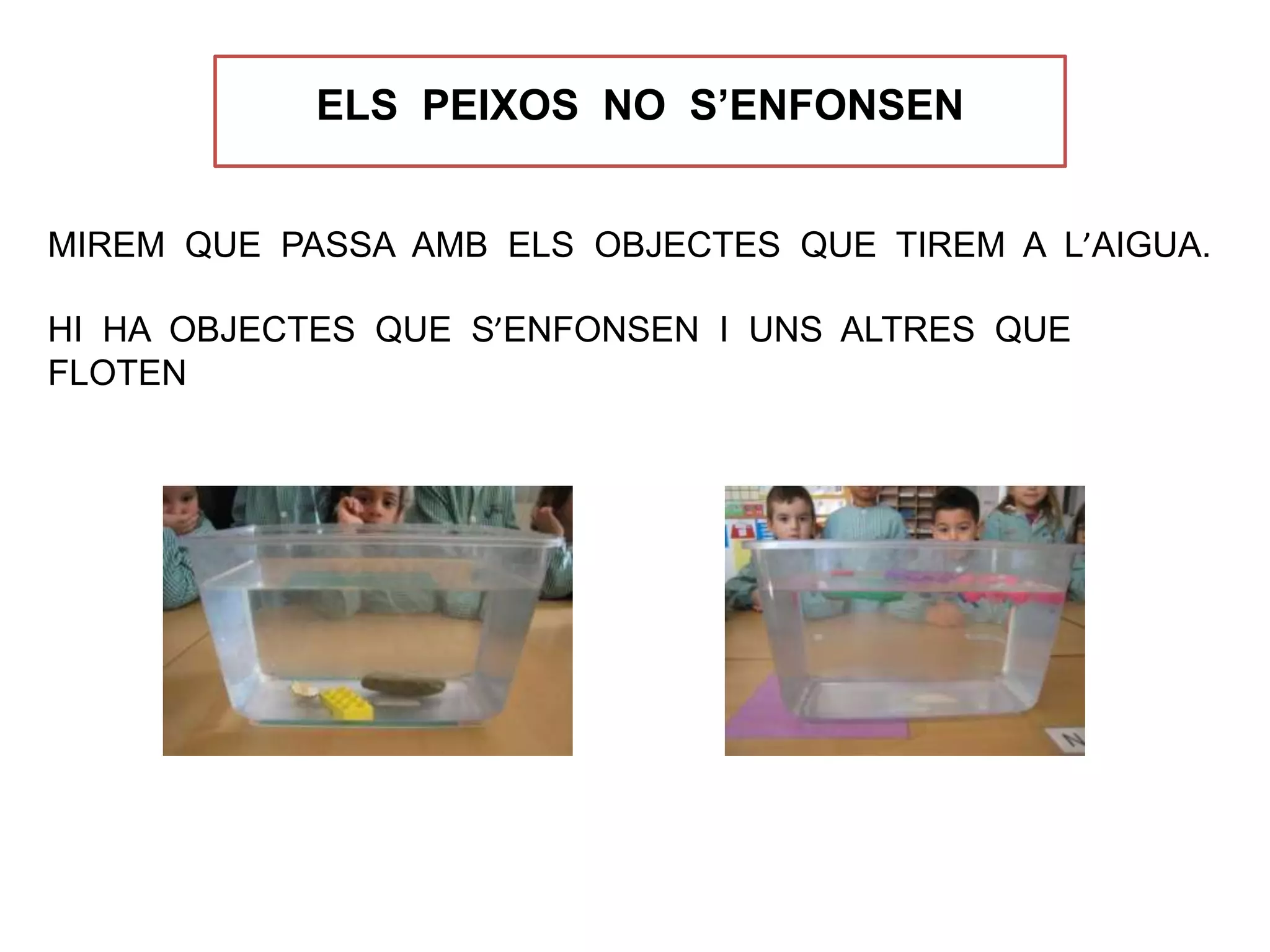 ELS PEIXOS NO S’ENFONSEN
MIREM QUE PASSA AMB ELS OBJECTES QUE TIREM A L’AIGUA.
HI HA OBJECTES QUE S’ENFONSEN I UNS ALTRES QUE
FLOTEN
 