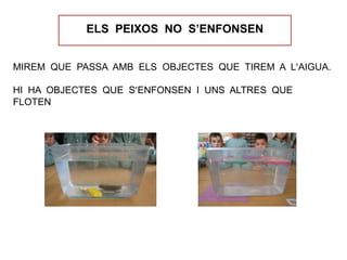 ELS PEIXOS NO S’ENFONSEN
MIREM QUE PASSA AMB ELS OBJECTES QUE TIREM A L’AIGUA.
HI HA OBJECTES QUE S’ENFONSEN I UNS ALTRES QUE
FLOTEN
 