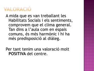 A mida que es van treballant les
 Habilitats Socials i els sentiments,
 comprovem que el clima general.
 Tan dins a l’aula com en espais
 comuns, és més harmònic i hi ha
 més predisposició al diàleg.

Per tant tenim una valoració molt
 POSITIVA del centre.
 