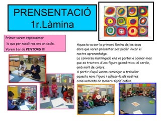 PRENSENTACIÓ
1r.Làmina
Aquesta va ser la primera làmina de les seva
obra que varen presentar per poder inicar el
nostre aprenentatge.
La conversa mantinguda ens va portar a adonar-mos
que es tractava d’una figura geomètrica: el cercle,
amb molt de colors.
A partir d’aquí varem començar a treballar
aquesta nova figura i aplicar-la als nostres
coneixements de manera significativa.
Primer varem representar
lo que per nosaltres era un cecle.
Varem fer de PINTORS !!!
 