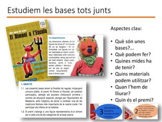 Aspectes clau:
• Què són unes
bases?...
• Què podem fer?
• Quines mides ha
de tenir?
• Quins materials
podem utilitzar?
• Quan l’hem de
lliurar?
• Quin és el premi?
Estudiem les bases tots junts
 