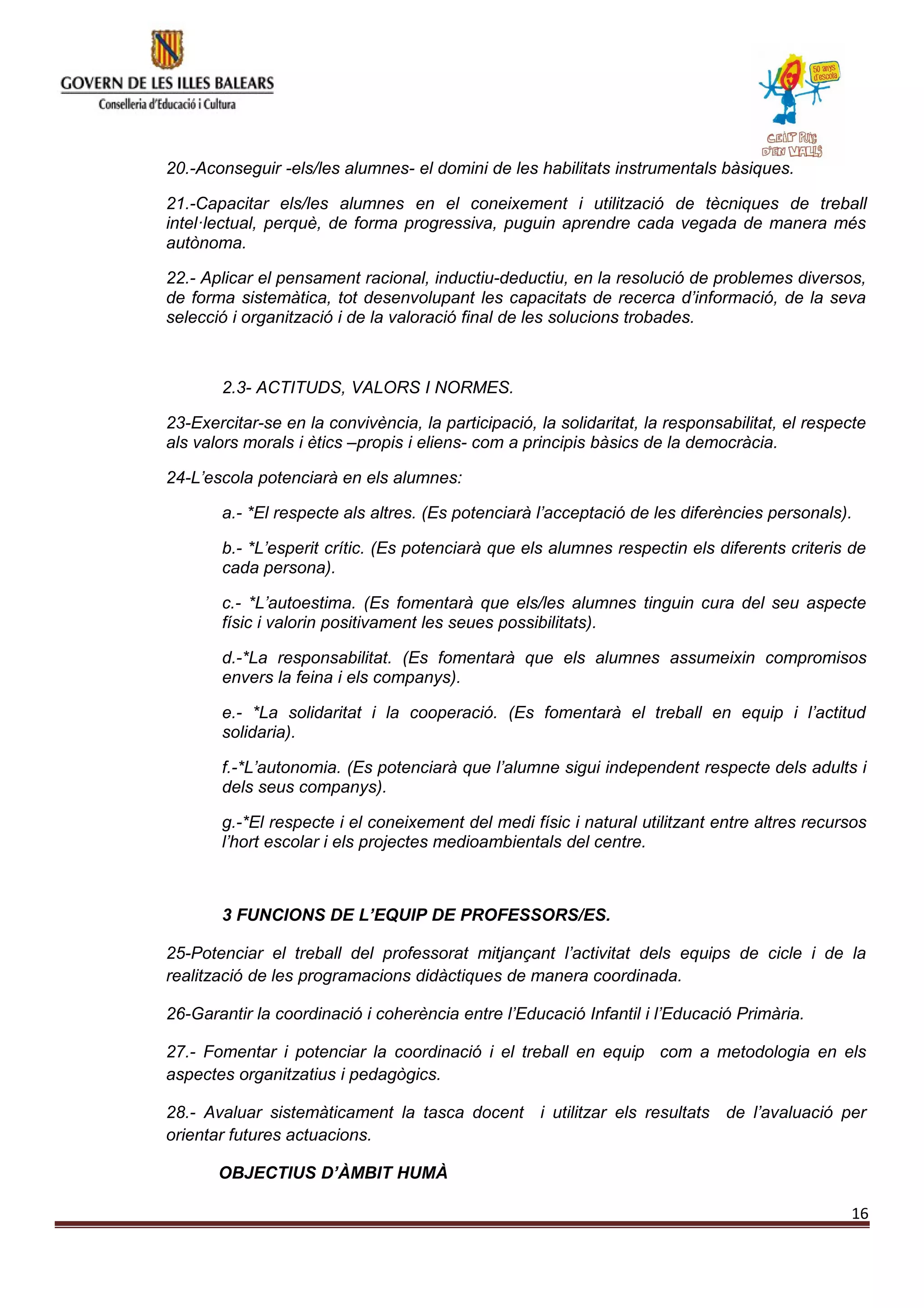20.-Aconseguir -els/les alumnes- el domini de les habilitats instrumentals bàsiques.
21.-Capacitar els/les alumnes en el coneixement i utilització de tècniques de treball
intel·lectual, perquè, de forma progressiva, puguin aprendre cada vegada de manera més
autònoma.
22.- Aplicar el pensament racional, inductiu-deductiu, en la resolució de problemes diversos,
de forma sistemàtica, tot desenvolupant les capacitats de recerca d’informació, de la seva
selecció i organització i de la valoració final de les solucions trobades.
2.3- ACTITUDS, VALORS I NORMES.
23-Exercitar-se en la convivència, la participació, la solidaritat, la responsabilitat, el respecte
als valors morals i ètics –propis i eliens- com a principis bàsics de la democràcia.
24-L’escola potenciarà en els alumnes:
a.- *El respecte als altres. (Es potenciarà l’acceptació de les diferències personals).
b.- *L’esperit crític. (Es potenciarà que els alumnes respectin els diferents criteris de
cada persona).
c.- *L’autoestima. (Es fomentarà que els/les alumnes tinguin cura del seu aspecte
físic i valorin positivament les seues possibilitats).
d.-*La responsabilitat. (Es fomentarà que els alumnes assumeixin compromisos
envers la feina i els companys).
e.- *La solidaritat i la cooperació. (Es fomentarà el treball en equip i l’actitud
solidaria).
f.-*L’autonomia. (Es potenciarà que l’alumne sigui independent respecte dels adults i
dels seus companys).
g.-*El respecte i el coneixement del medi físic i natural utilitzant entre altres recursos
l’hort escolar i els projectes medioambientals del centre.
3 FUNCIONS DE L’EQUIP DE PROFESSORS/ES.
25-Potenciar el treball del professorat mitjançant l’activitat dels equips de cicle i de la
realització de les programacions didàctiques de manera coordinada.
26-Garantir la coordinació i coherència entre l’Educació Infantil i l’Educació Primària.
27.- Fomentar i potenciar la coordinació i el treball en equip com a metodologia en els
aspectes organitzatius i pedagògics.
28.- Avaluar sistemàticament la tasca docent i utilitzar els resultats de l’avaluació per
orientar futures actuacions.
OBJECTIUS D’ÀMBIT HUMÀ
16
 
