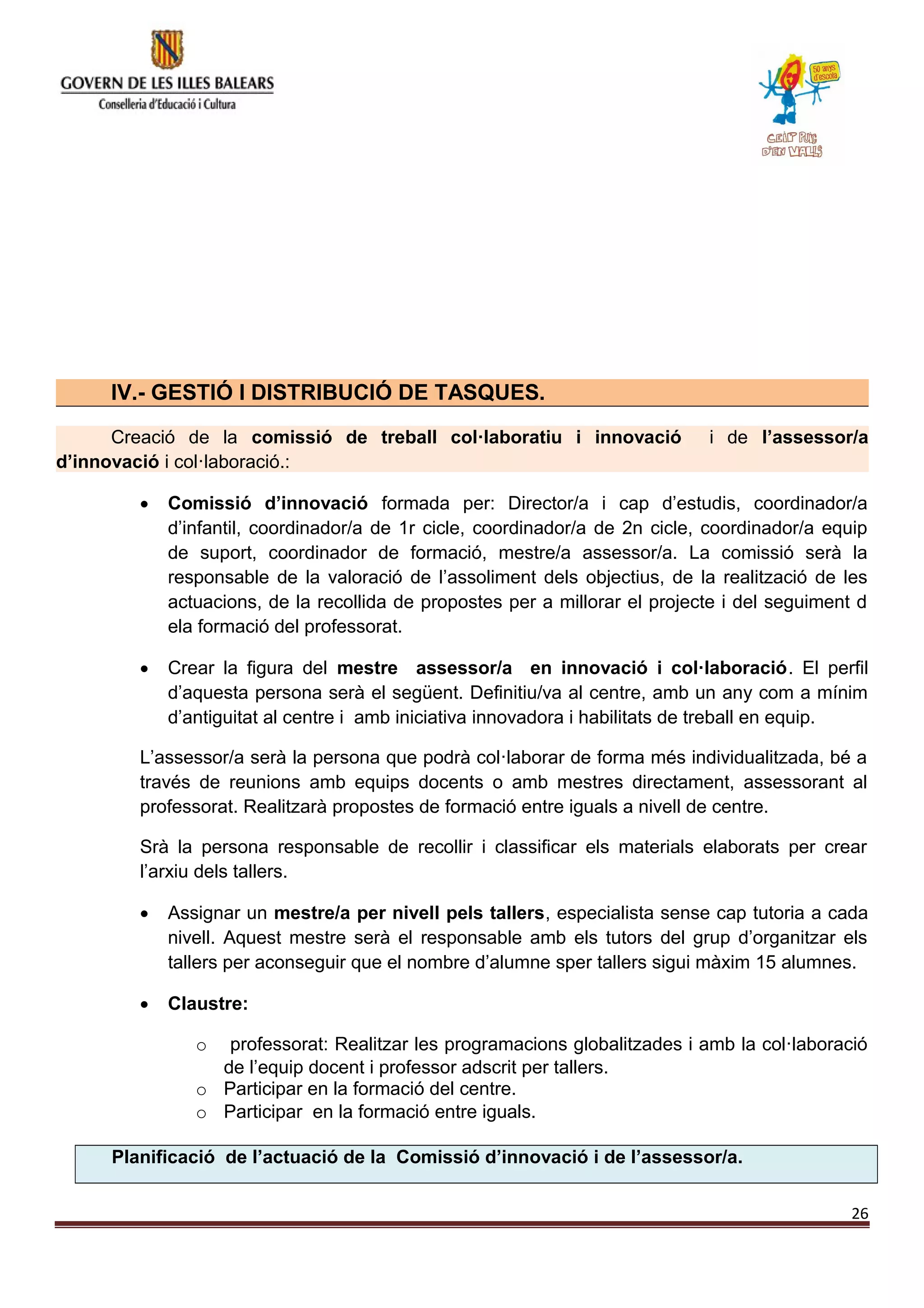 IV.- GESTIÓ I DISTRIBUCIÓ DE TASQUES.
Creació de la comissió de treball col·laboratiu i innovació i de l’assessor/a
d’innovació i col·laboració.:
 Comissió d’innovació formada per: Director/a i cap d’estudis, coordinador/a
d’infantil, coordinador/a de 1r cicle, coordinador/a de 2n cicle, coordinador/a equip
de suport, coordinador de formació, mestre/a assessor/a. La comissió serà la
responsable de la valoració de l’assoliment dels objectius, de la realització de les
actuacions, de la recollida de propostes per a millorar el projecte i del seguiment d
ela formació del professorat.
 Crear la figura del mestre assessor/a en innovació i col·laboració. El perfil
d’aquesta persona serà el següent. Definitiu/va al centre, amb un any com a mínim
d’antiguitat al centre i amb iniciativa innovadora i habilitats de treball en equip.
L’assessor/a serà la persona que podrà col·laborar de forma més individualitzada, bé a
través de reunions amb equips docents o amb mestres directament, assessorant al
professorat. Realitzarà propostes de formació entre iguals a nivell de centre.
Srà la persona responsable de recollir i classificar els materials elaborats per crear
l’arxiu dels tallers.
 Assignar un mestre/a per nivell pels tallers, especialista sense cap tutoria a cada
nivell. Aquest mestre serà el responsable amb els tutors del grup d’organitzar els
tallers per aconseguir que el nombre d’alumne sper tallers sigui màxim 15 alumnes.
 Claustre:
o professorat: Realitzar les programacions globalitzades i amb la col·laboració
de l’equip docent i professor adscrit per tallers.
o Participar en la formació del centre.
o Participar en la formació entre iguals.
Planificació de l’actuació de la Comissió d’innovació i de l’assessor/a.
26
 