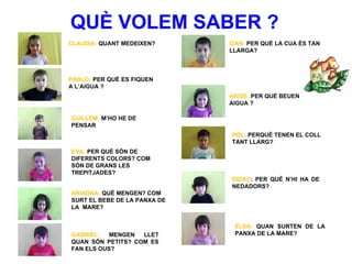 QUÈ VOLEM SABER ?
CLAUDIA: QUANT MEDEIXEN?      IZAN: PER QUÈ LA CUA ÉS TAN
                              LLARGA?



PABLO: PER QUÈ ES FIQUEN
A L’AIGUA ?
                              ARISE: PER QUÈ BEUEN
                              AIGUA ?

GUILLEM: M’HO HE DE
PENSAR
                              POL: PERQUÈ TENEN EL COLL
                              TANT LLARG?
EVA: PER QUÈ SÓN DE
DIFERENTS COLORS? COM
SÓN DE GRANS LES
TREPITJADES?
                              DIDAC: PER QUÈ N’HI HA DE
                              NEDADORS?
ARIADNA: QUÈ MENGEN? COM
SURT EL BEBE DE LA PANXA DE
LA MARE?


                               ELSA: QUAN SURTEN DE LA
GABRIEL:   MENGEN  LLET        PANXA DE LA MARE?
QUAN SÓN PETITS? COM ES
FAN ELS OUS?
 