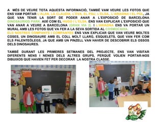 A MÉS DE VEURE TOTA AQUESTA INFORMACIÓ, TAMBÉ VAM VEURE LES FOTOS QUE
ENS VAM PORTAR L’ALAN, LA CLAUDIA, L’EVA, EL PAU, L’ELSA,, L’ARIADNA I EL POL, JA
QUE VAN TENIR LA SORT DE PODER ANAR A L’EXPOSICIÓ DE BARCELONA
DINOSAURIOS PARK. AIXÍ COM EL HUGO I L’ELSA, ENS VAN EXPLICAR L’EXPOSICIÓ QUE
VAN ANAR A VEURE A BARCELONA (GRAN VIA 2). I L’ARIADNA ENS VA PORTAR UN
MURAL AMB LES FOTOS QUE VA FER A LA SEVA SORTIDA AL COSMOCAIXA.
ELS NOSTRES COMPANYS I COMPANYES ENS VAN EXPLICAR QUE VAN VEURE MOLTES
COSES, UN DINOSAURE AMB EL COLL MOLT LLARG, ESQUELETS, QUE VAN FER COM
ELS PALENTEÒLEGS, JA QUE AMB UN PINZELL VAN HAVER DE DESCOBRIR ELS OSSOS
DELS DINOSAURES.

TAMBÉ DURANT LES PRIMERES SETMANES DEL PROJECTE, ENS VAN VISITAR
DIFERENTS NENS I NENES DELS ALTRES GRUPS, PERQUÈ VOLIEN PORTAR-NOS
DIBUIXOS QUE HAVIEN FET PER DECORAR LA NOSTRA CLASSE.
 