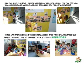 PER TAL QUE ELS NENS I NENES ASSIMILESIN AQUESTS CONCEPTES VAM FER UNA
 CLASSIFICACIÓ AMB ANIMALS ACTUALS SEGONS EL SEU TIPUS D’ALIMENTACIÓ.




I A MÉS, VAM TASTAR DURANT TRES ESMORZARS ELS TRES TIPUS D’ALIMENTACIÓ QUE
HAVIEM TREBALLAT. UN DIA VAM FER L’ESMORZAR DELS HERBÍVORS.
 