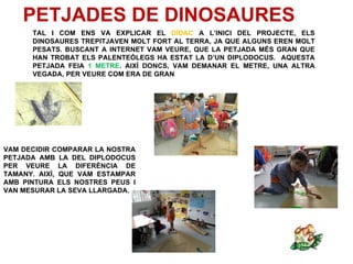 PETJADES DE DINOSAURES
      TAL I COM ENS VA EXPLICAR EL DÍDAC A L’INICI DEL PROJECTE, ELS
      DINOSAURES TREPITJAVEN MOLT FORT AL TERRA, JA QUE ALGUNS EREN MOLT
      PESATS. BUSCANT A INTERNET VAM VEURE, QUE LA PETJADA MÉS GRAN QUE
      HAN TROBAT ELS PALENTEÒLEGS HA ESTAT LA D’UN DIPLODOCUS. AQUESTA
      PETJADA FEIA 1 METRE. AIXÍ DONCS, VAM DEMANAR EL METRE, UNA ALTRA
      VEGADA, PER VEURE COM ERA DE GRAN




VAM DECIDIR COMPARAR LA NOSTRA
PETJADA AMB LA DEL DIPLODOCUS
PER VEURE LA DIFERÈNCIA DE
TAMANY. AIXÍ, QUE VAM ESTAMPAR
AMB PINTURA ELS NOSTRES PEUS I
VAN MESURAR LA SEVA LLARGADA.
 