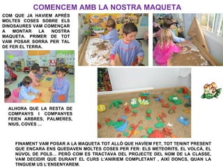 COMENCEM AMB LA NOSTRA MAQUETA
COM QUE JA HAVIEM APRÈS
MOLTES COSES SOBRE ELS
DINOSAURES VAM COMENÇAR
A   MONTAR    LA NOSTRA
MAQUETA. PRIMER DE TOT
VAM POSAR SORRA PER TAL
DE FER EL TERRA.




  ALHORA QUE LA RESTA DE
  COMPANYS I COMPANYES
  FEIEN ARBRES, PALMERES,
  NIUS, COVES …



    FINAMENT VAM POSAR A LA MAQUETA TOT ALLÒ QUE HAVÍEM FET, TOT TENINT PRESENT
    QUE ENCARA ENS QUEDAVEN MOLTES COSES PER FER: ELS METEORITS, EL VOLCÀ, EL
    NÚVOL DE POLS… PERÒ COM ES TRACTAVA DEL PROJECTE DEL NOM DE LA CLASSE,
    VAM DECIDIR QUE DURANT EL CURS L’ANIRIEM COMPLETANT , AIXÍ DONCS, QUAN LA
    TINGUEM US L’ENSENYAREM.
 