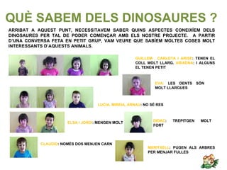 QUÈ SABEM DELS DINOSAURES ?
ARRIBAT A AQUEST PUNT, NECESSITAVEM SABER QUINS ASPECTES CONEIXÍEM DELS
DINOSAURES PER TAL DE PODER COMENÇAR AMB ELS NOSTRE PROJECTE. A PARTIR
D’UNA CONVERSA FETA EN PETIT GRUP, VAM VEURE QUE SABÍEM MOLTES COSES MOLT
INTERESSANTS D’AQUESTS ANIMALS.

                                                    GUILLEM , CARLOTA I ARISE: TENEN EL
                                                    COLL MOLT LLARG. ARIADNA: I ALGUNS
                                                    EL TENEN PETIT



                                                              EVA: LES DENTS      SÓN
                                                              MOLT LLARGUES



                                   LUCIA, MIREIA, ARNAU: NO SÉ RES



                      ELSA I JORDI: MENGEN MOLT              DIDAC:   TREPITGEN    MOLT
                                                             FORT



           CLAUDIO: NOMÉS DOS MENJEN CARN
                                                          MERITXELL: PUGEN ALS ARBRES
                                                          PER MENJAR FULLES
 