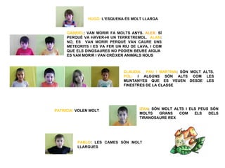 HUGO: L’ESQUENA ÉS MOLT LLARGA


     GABRIEL: VAN MORIR FA MOLTS ANYS. ALEX: SÍ
     PERQUÈ VA HAVER-HI UN TERRETREMOL. ALAN:
     NO, ES VAN MORIR PERQUÈ VAN CAURE UNS
     METEORITS I ES VA FER UN RIU DE LAVA, I COM
     QUE ELS DINOSAURES NO PODIEN BEURE AIGUA
     ES VAN MORIR I VAN CRÈIXER ANIMALS NOUS



                              CLAUDIA , PAU I MARTINA: SÓN MOLT ALTS.
                              POL: I ALGUNS SÓN ALTS COM LES
                              MUNTANYES QUE ES VEUEN DESDE LES
                              FINESTRES DE LA CLASSE




PATRICIA: VOLEN MOLT                 IZAN: SÓN MOLT ALTS I ELS PEUS SÓN
                                     MOLTS    GRANS   COM    ELS   DELS
                                     TIRANOSAURE REX




          PABLO: LES CAMES SÓN MOLT
          LLARGUES
 