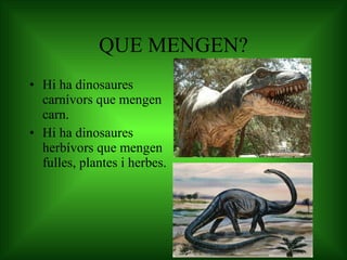 QUE MENGEN? Hi ha dinosaures carnívors que mengen carn. Hi ha dinosaures herbívors que mengen fulles, plantes i herbes. 