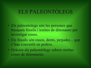 ELS PALEONTÒLEGS Els paleontolegs són les persones que busquen fòssils i icnites de dinosaure per investigar coses. Els fòssils són ossos, dents, petjades... que s’han convertit en pedres. Gràcies als paleontòlegs sabem moltes coses de dinosaures. 