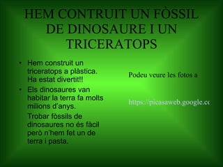 HEM CONTRUIT UN FÒSSIL DE DINOSAURE I UN TRICERATOPS Hem construit un triceratops a plàstica. Ha estat divertit!! Els dinosaures van habitar la terra fa molts milions d’anys. Trobar fòssils de dinosaures no és fàcil però n’hem fet un de terra i pasta. Podeu veure les fotos a https://picasaweb.google.com/106124894456071901858/FossilDeDinosaure?feat=flashalbum - 5666980065698504338 