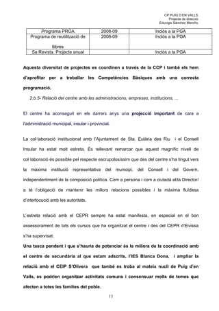 CP PUIG D’EN VALLS.
                                                                                   Projecte de direcció.
                                                                             Eduvigis Sánchez Meroño.

          Programa PROA                       2008-09                      Inclòs a la PGA
     Programa de reutilització de             2008-09                      Inclòs a la PGA

                llibres
      Sa Revista. Projecte anual                                           Inclòs a la PGA


Aquesta diversitat de projectes es coordinen a través de la CCP i també els hem

d’aprofitar per a treballar les Competències Bàsiques amb una correcta

programació.

     2.b.5- Relació del centre amb les administracions, empreses, institucions, ...


El centre ha aconseguit en els darrers anys una projecció important de cara a

l’administració municipal, insular i provincial.


La col·laboració institucional amb l’Ajuntament de Sta. Eulària des Riu                i el Consell

Insular ha estat molt estreta. És rellevant remarcar que aquest magnífic nivell de

col·laboració és possible pel respecte escrupolosíssim que des del centre s’ha tingut vers

la   màxima     institució   representativa    del    municipi,   del   Consell   i   del    Govern,

independentment de la composició política. Com a persona i com a ciutadà el/la Director/

a té l’obligació de mantenir les millors relacions possibles i la màxima fluïdesa

d’interlocució amb les autoritats.


L’estreta relació amb el CEPR sempre ha estat manifesta, en especial en el bon

assessorament de tots els cursos que ha organitzat el centre i des del CEPR d’Eivissa

s’ha supervisat.

Una tasca pendent i que s’hauria de potenciar és la millora de la coordinació amb

el centre de secundària al que estam adscrits, l’IES Blanca Dona, i ampliar la

relació amb el CEIP S’Olivera que també es troba al mateix nucli de Puig d’en

Valls, es podrien organitzar activitats comuns i consensuar molts de temes que

afecten a totes les famílies del poble.

                                                 11
 