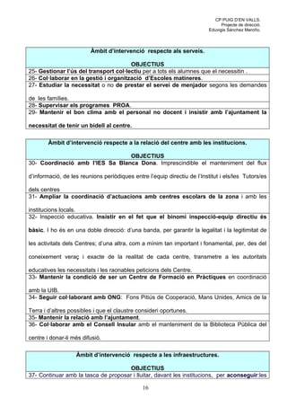 CP PUIG D’EN VALLS.
                                                                                Projecte de direcció.
                                                                          Eduvigis Sánchez Meroño.



                         Àmbit d’intervenció respecte als serveis.

                                       OBJECTIUS
25- Gestionar l’ús del transport col·lectiu per a tots els alumnes que el necessitin .
26- Col·laborar en la gestió i organització d’Escoles matineres.
27- Estudiar la necessitat o no de prestar el servei de menjador segons les demandes

de les famílies.
28- Supervisar els programes PROA.
29- Mantenir el bon clima amb el personal no docent i insistir amb l’ajuntament la

necessitat de tenir un bidell al centre.

        Àmbit d’intervenció respecte a la relació del centre amb les institucions.

                                 OBJECTIUS
30- Coordinació amb l’IES Sa Blanca Dona. Imprescindible el manteniment del flux

d’informació, de les reunions periòdiques entre l’equip directiu de l’Institut i els/les Tutors/es

dels centres
31- Ampliar la coordinació d’actuacions amb centres escolars de la zona i amb les

institucions locals.
32- Inspecció educativa. Insistir en el fet que el binomi inspecció-equip directiu és

bàsic. I ho és en una doble direcció: d’una banda, per garantir la legalitat i la legitimitat de

les activitats dels Centres; d’una altra, com a mínim tan important i fonamental, per, des del

coneixement veraç i exacte de la realitat de cada centre, transmetre a les autoritats

educatives les necessitats i les raonables peticions dels Centre.
33- Mantenir la condició de ser un Centre de Formació en Pràctiques en coordinació

amb la UIB.
34- Seguir col·laborant amb ONG: Fons Pitiús de Cooperació, Mans Unides, Amics de la

Terra i d’altres possibles i que el claustre consideri oportunes.
35- Mantenir la relació amb l’ajuntament.
36- Col·laborar amb el Consell Insular amb el manteniment de la Biblioteca Pública del

centre i donar-li més difusió.

                   Àmbit d’intervenció respecte a les infraestructures.

                                      OBJECTIUS
37- Continuar amb la tasca de proposar i lluitar, davant les institucions, per aconseguir:les

                                              16
 